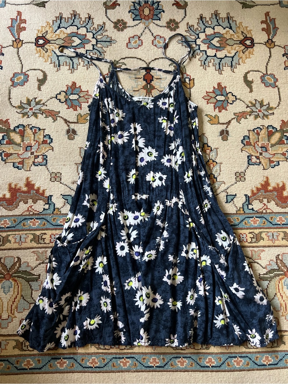 American Eagle Navy Floral Spaghetti Strap Flowy Sundress with Pockets